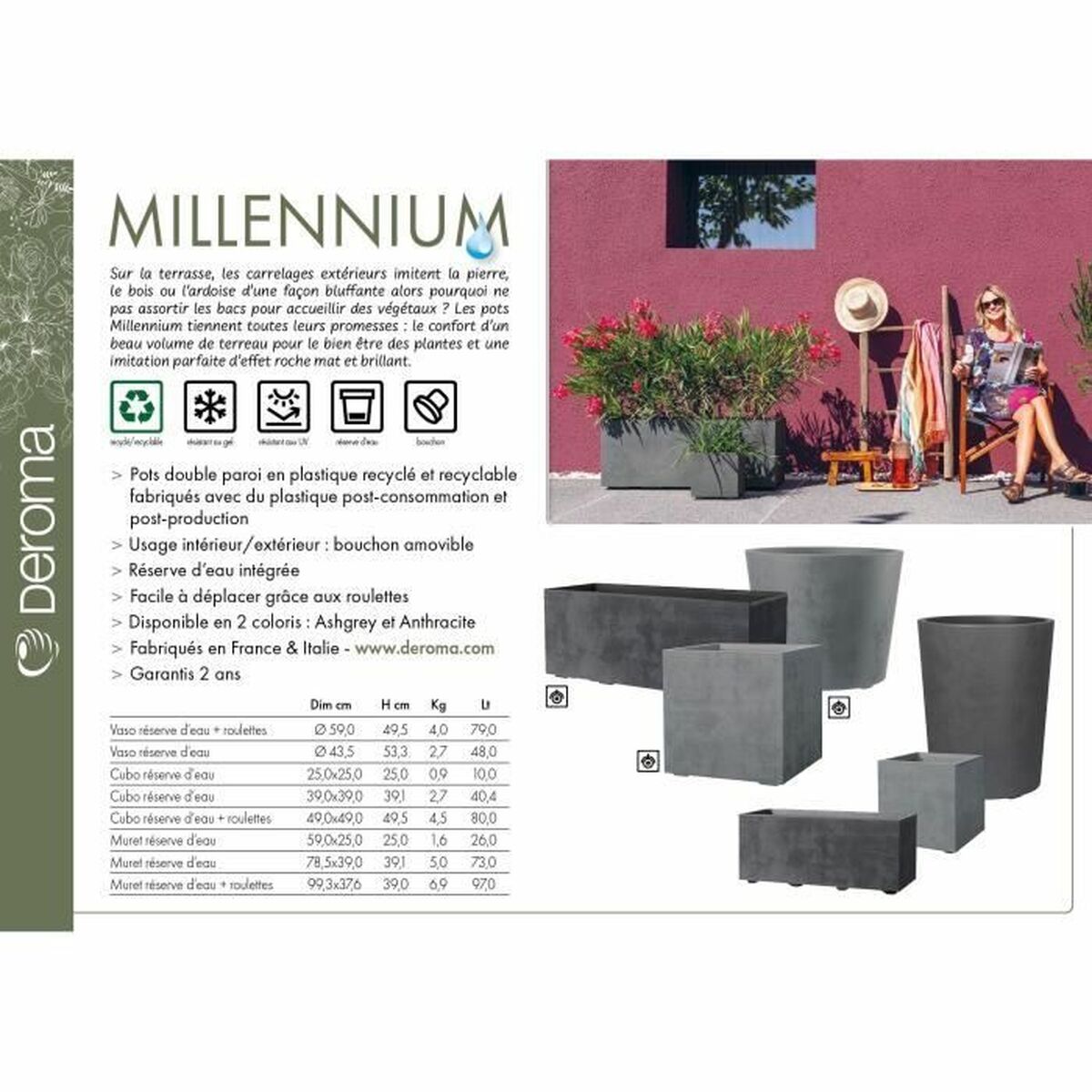 Jardinera Autorriego Deroma Millennium R Gris Plástico Plástico reciclado Rectangular 4 S71015228_3