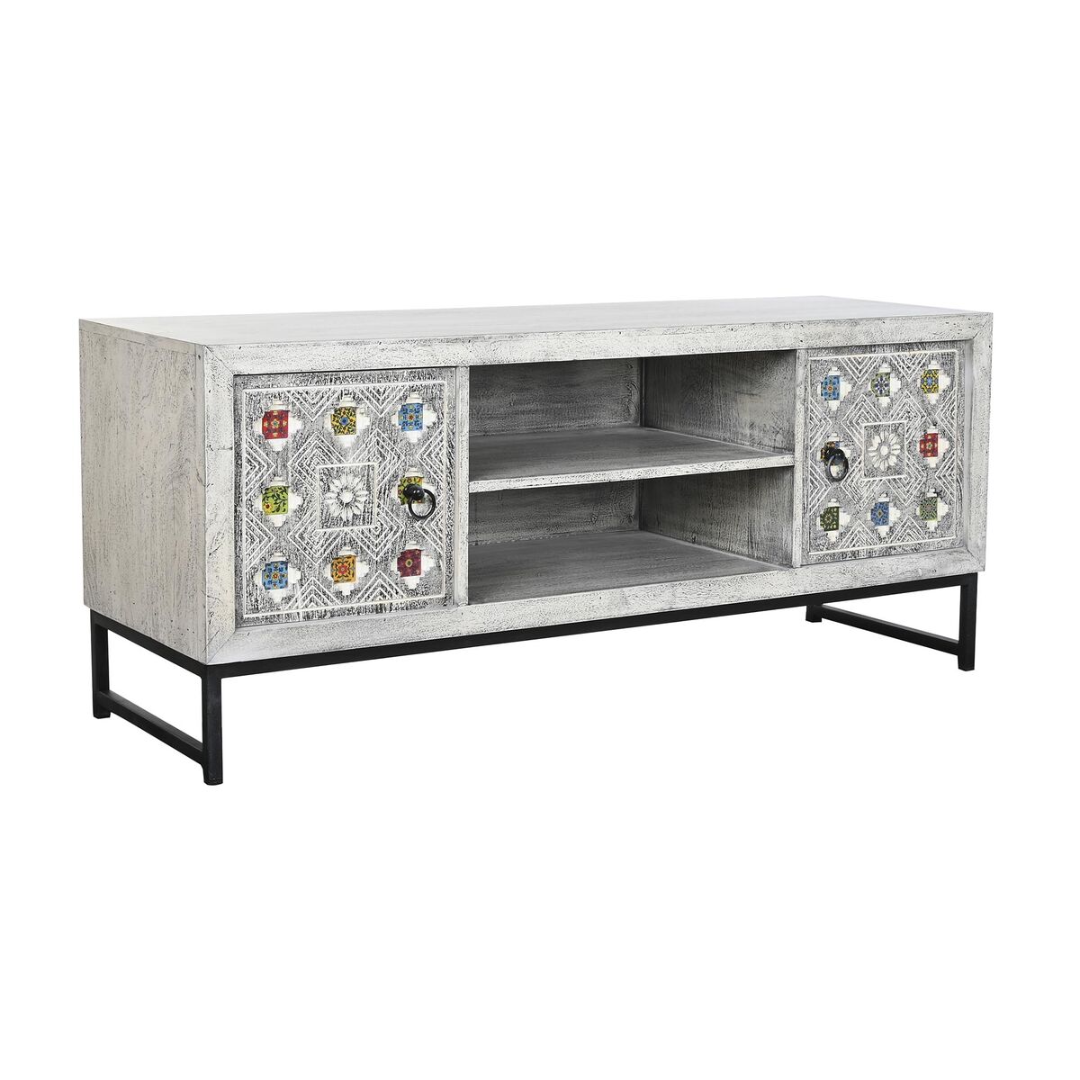 Mueble de TV DKD Home Decor Blanco Beige Gris Multicolor Cerámica Madera de mango 130 x 40 x 56 cm 1 S3040417_0