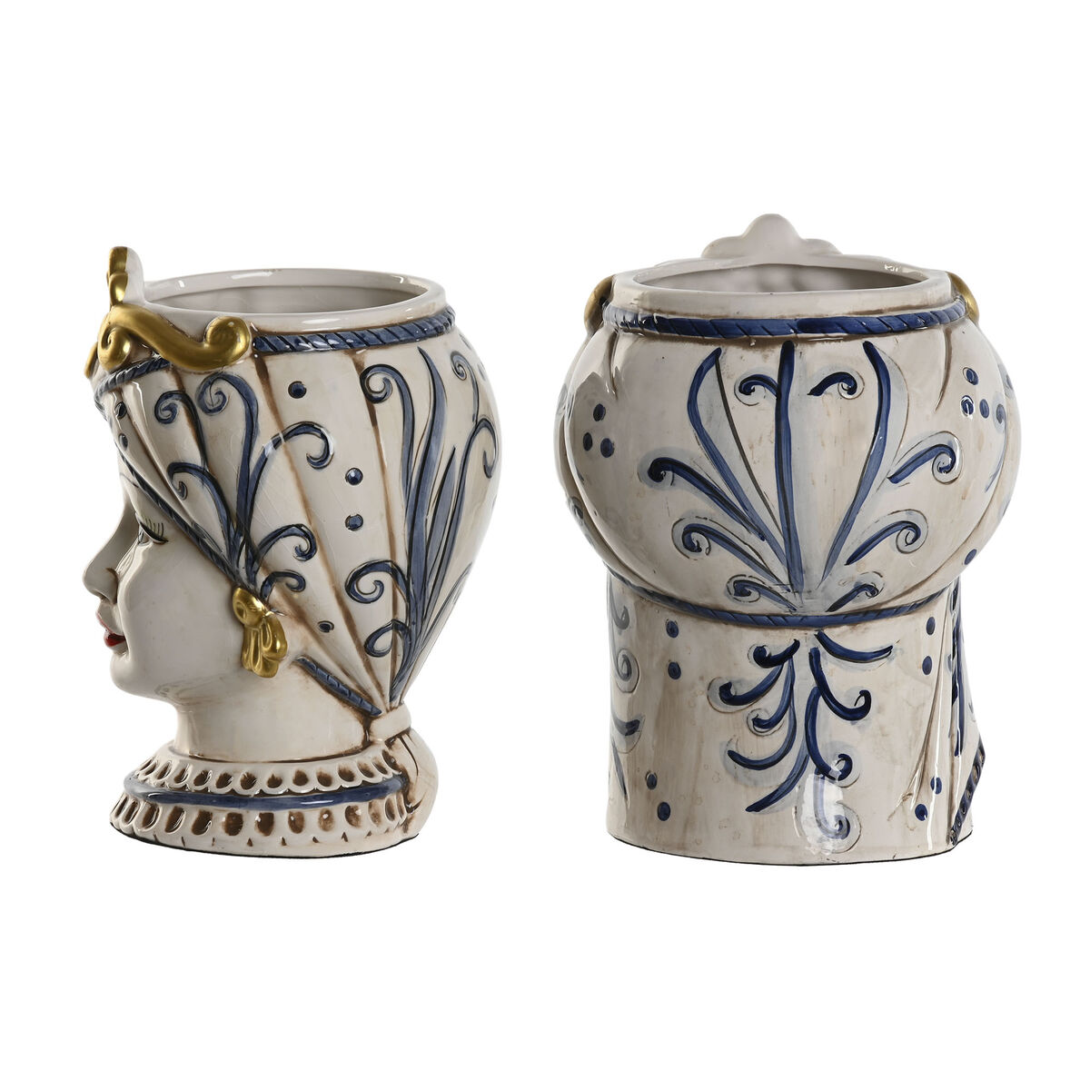Macetero Home ESPRIT Azul Blanco Dorado Porcelana 15 x 15 x 26 cm (2 Unidades) 2 S3060437_1