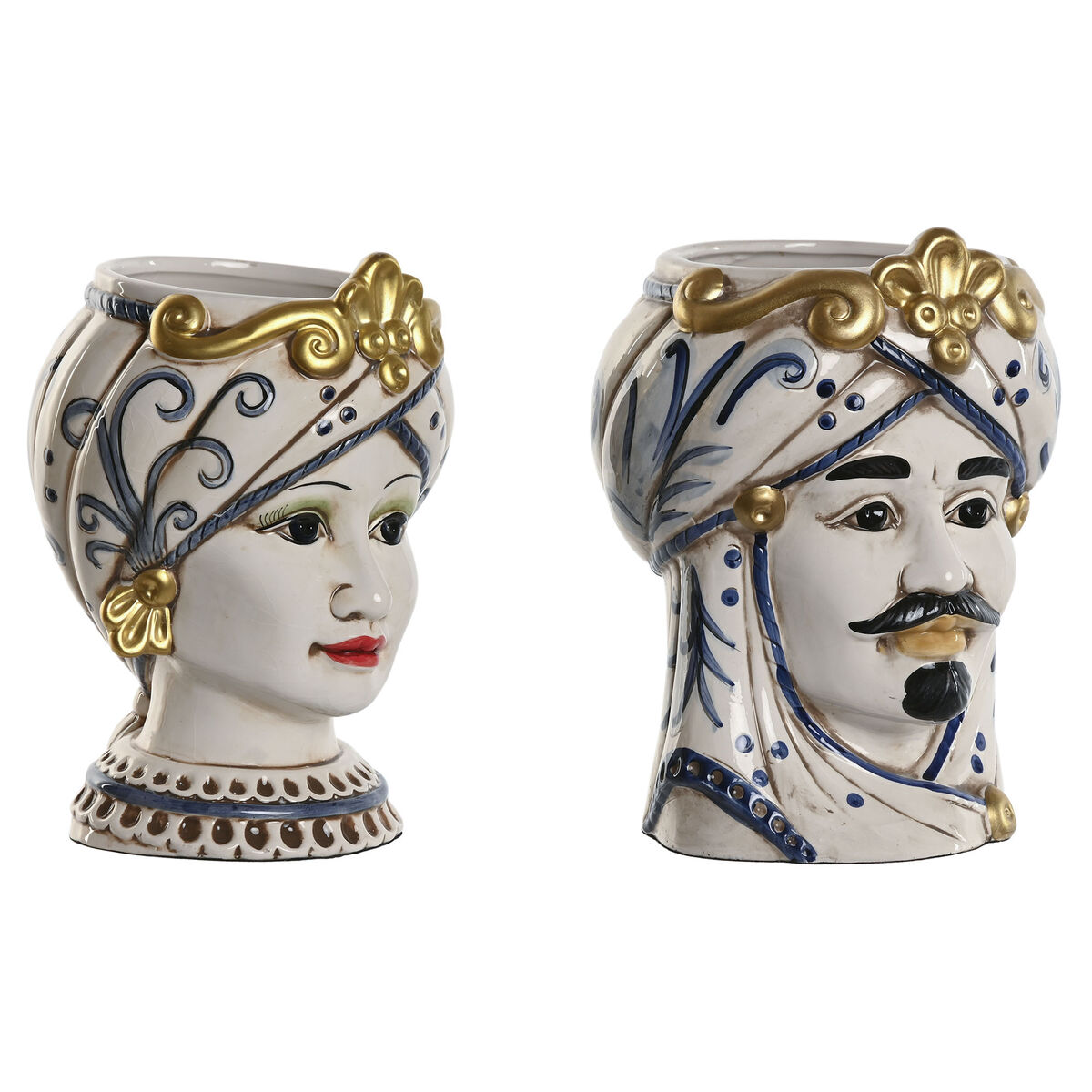 Macetero Home ESPRIT Azul Blanco Dorado Porcelana 15 x 15 x 26 cm (2 Unidades) 1 S3060437_0