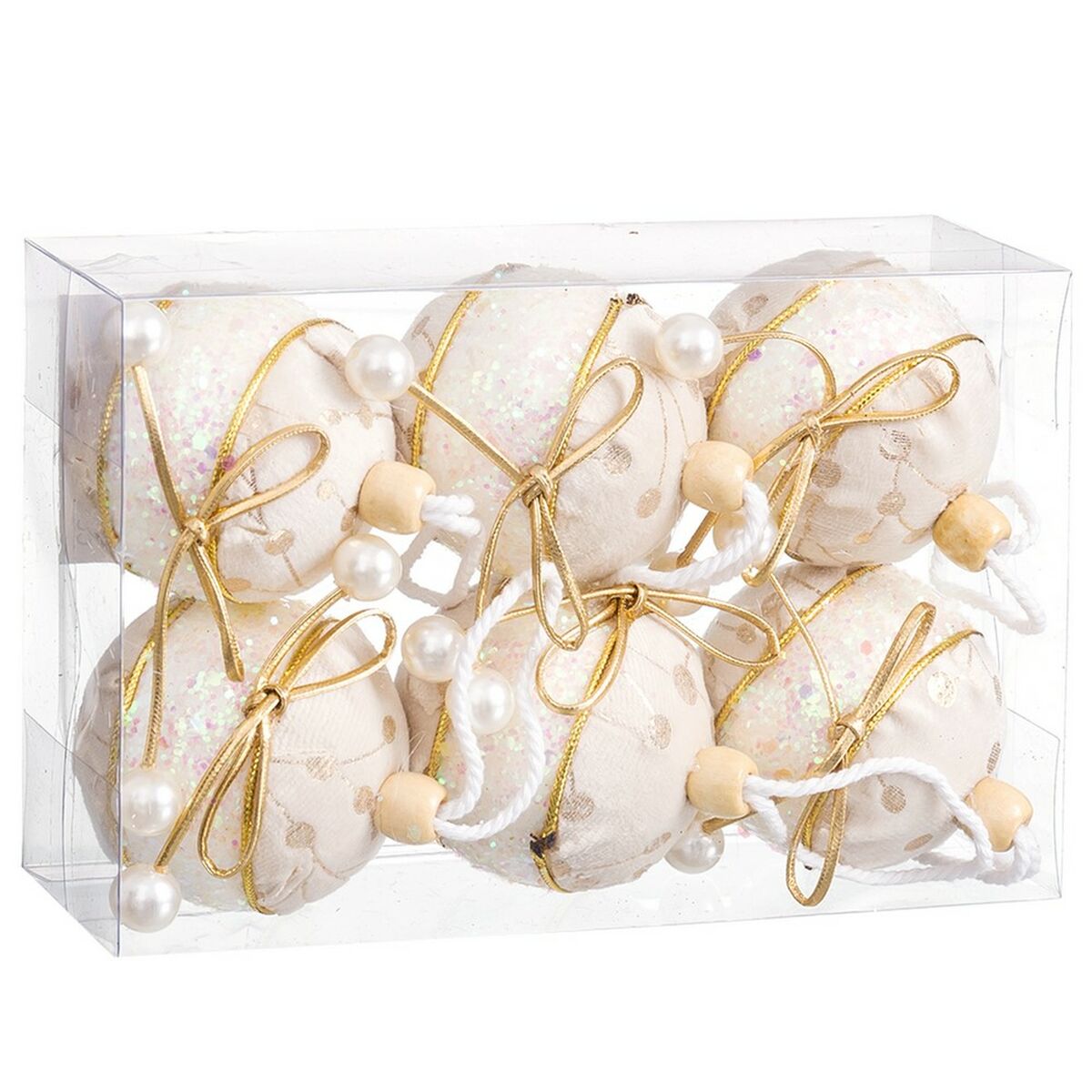 Bolas de Navidad Blanco Dorado Polyfoam Tejido Lazo 6 x 6 x 6 cm (6 Unidades) 2 S8804141_1