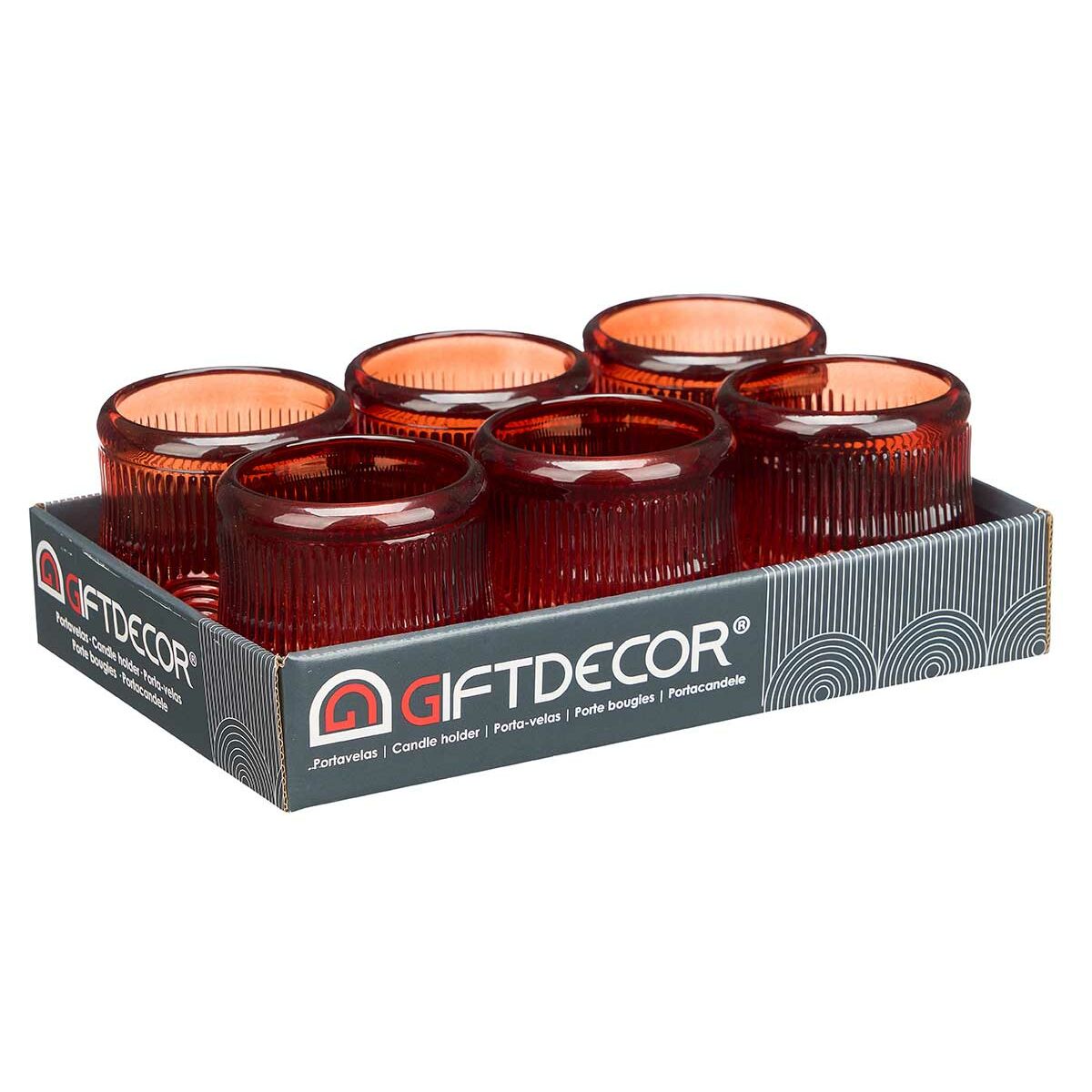 Portavelas Gift Decor Naranja Teja Cristal 9 x 9,5 x 9 cm Rayas (12 Unidades) 3 S3631690_2