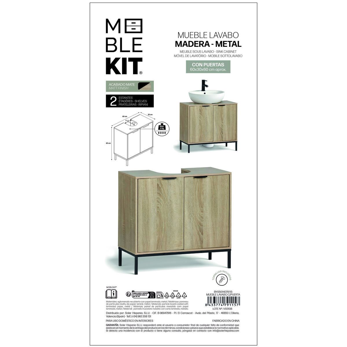 Mueble Bajo Lavabo MobleKit Marrón Negro Madera Metal 60 x 30 x 60 cm 4 S2241533_3