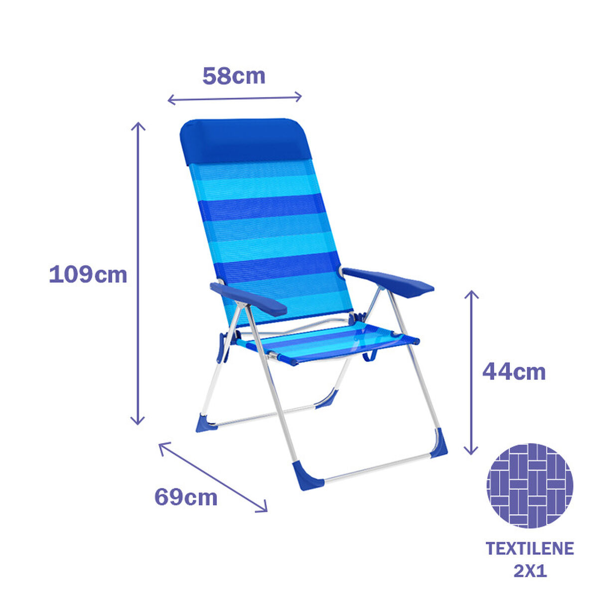 Marbueno Silla Plegable 5 Posiciones Aluminio con Cojin Rayas Azules Playa y Piscina 69X58X109 cm 10248 2 D1400047_1