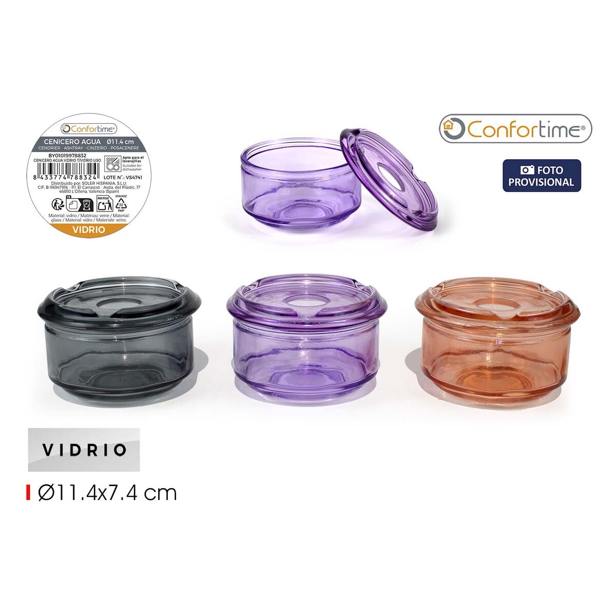 Cenicero Confortime Vidrio 11,4 x 11,4 x 7,4 cm (24 Unidades) 2 S2241361_1