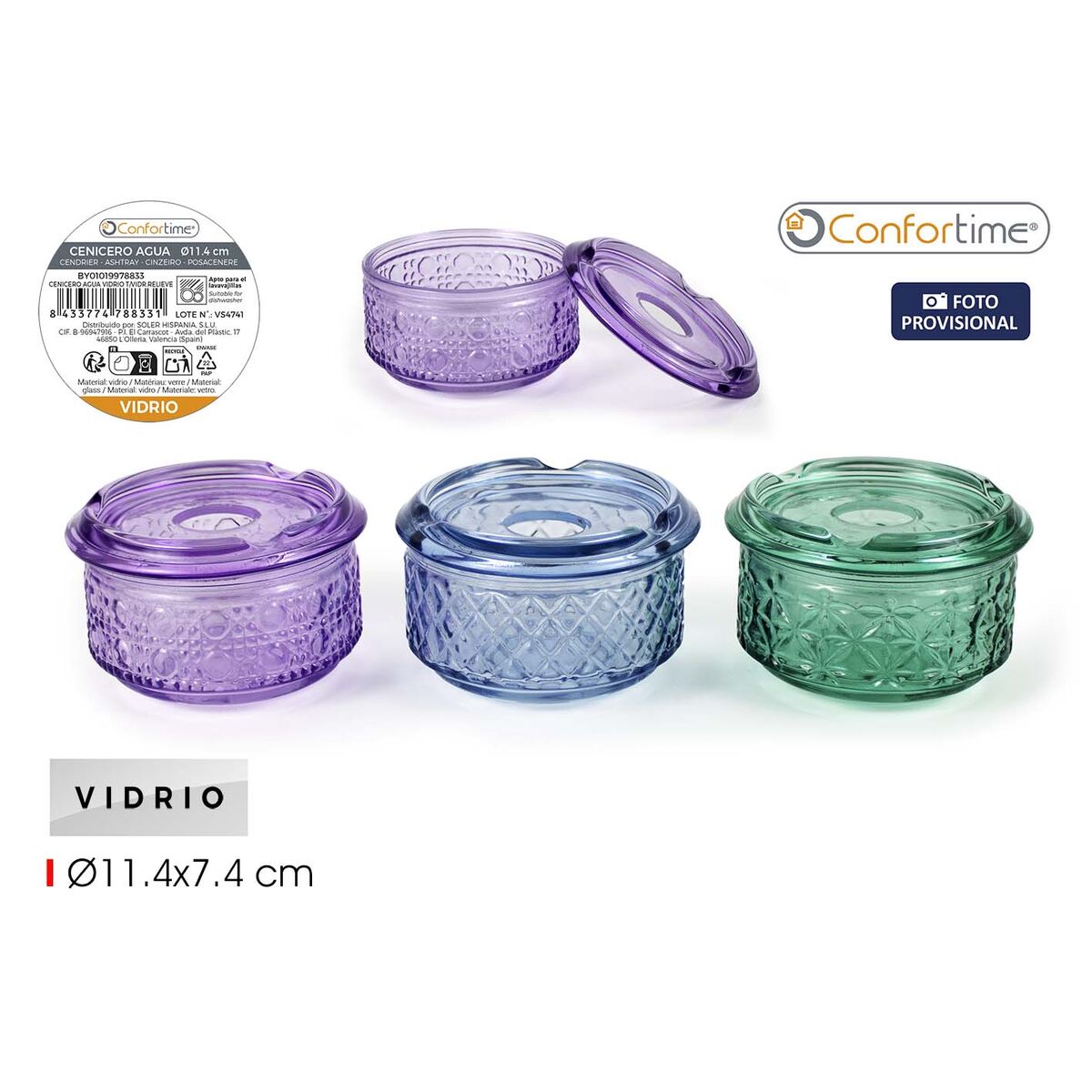 Cenicero Confortime Vidrio 11,4 x 11,4 x 7,4 cm (24 Unidades) 2 S2241363_1