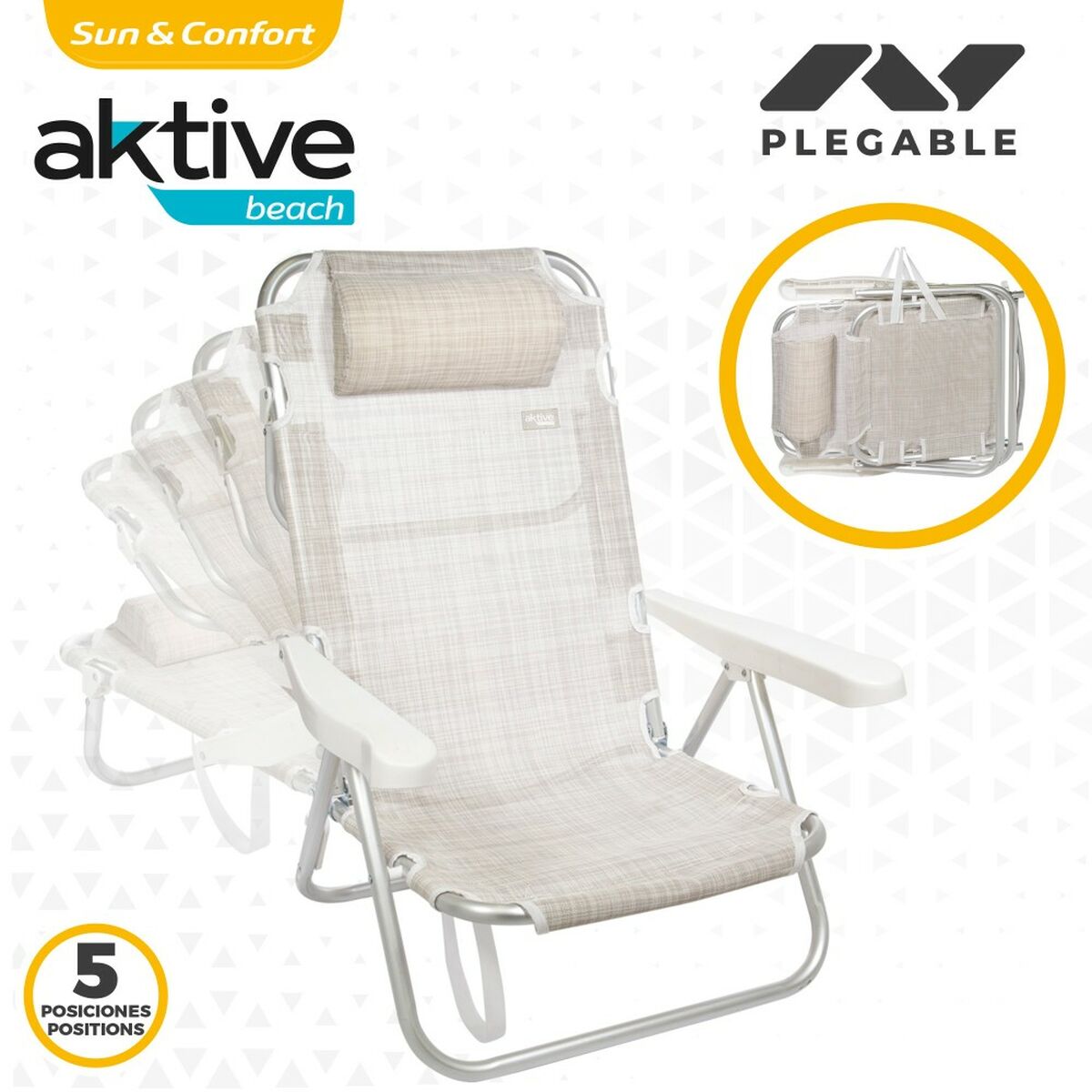 Silla Plegable con Reposacabezas Aktive Ibiza Beige 48 x 84 x 46 cm (2 Unidades) 4 S8901101_3